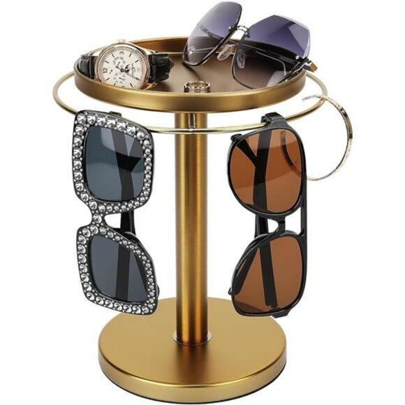 360 Rotating Sunglass Organizer Stand Gold Metal Holder with Jewelry Tray - Picture 1 of 7